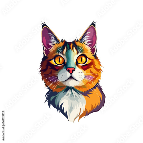 Colorful cat vector artwork on white background.  Cartoon Cat logo design. Cute Cat illustration for cat lover