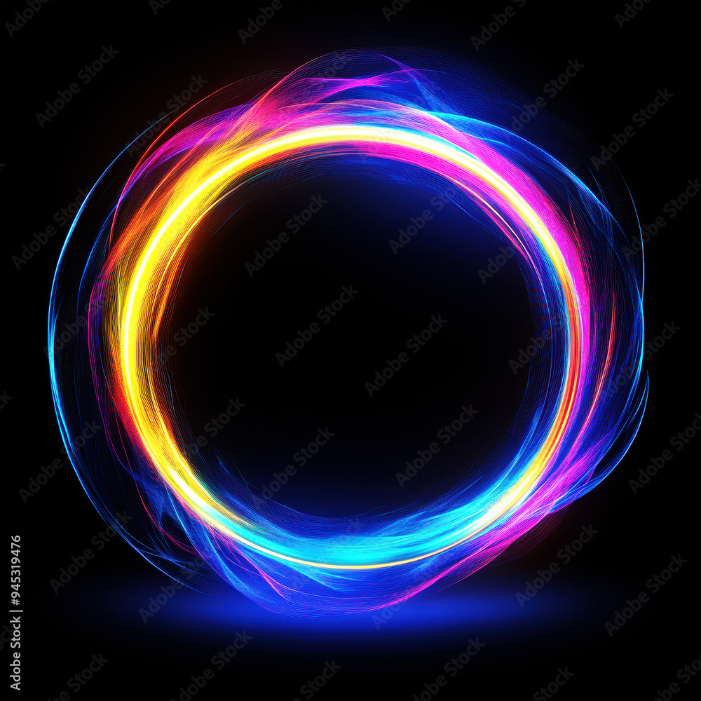 Abstract, colorful, glowing light rings on a black background overlay Abstract, colorful, glowing light rings on a black background overlay