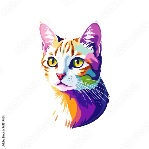 Colorful cat vector artwork on white background.  Cartoon Cat logo design. Cute Cat illustration for cat lover