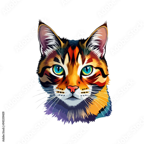 Colorful cat vector artwork on white background.  Cartoon Cat logo design. Cute Cat illustration for cat lover