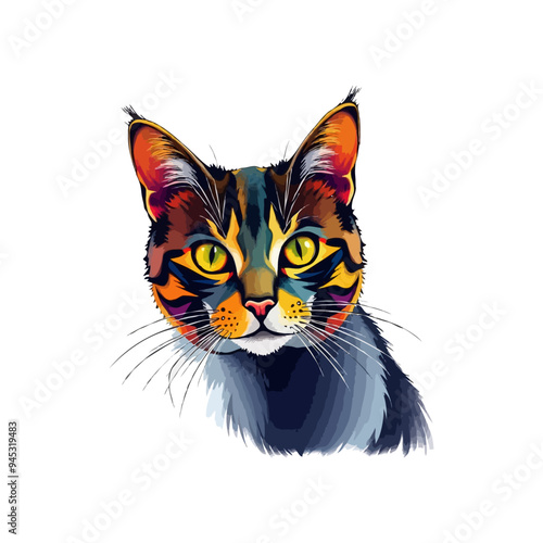Colorful cat vector artwork on white background.  Cartoon Cat logo design. Cute Cat illustration for cat lover