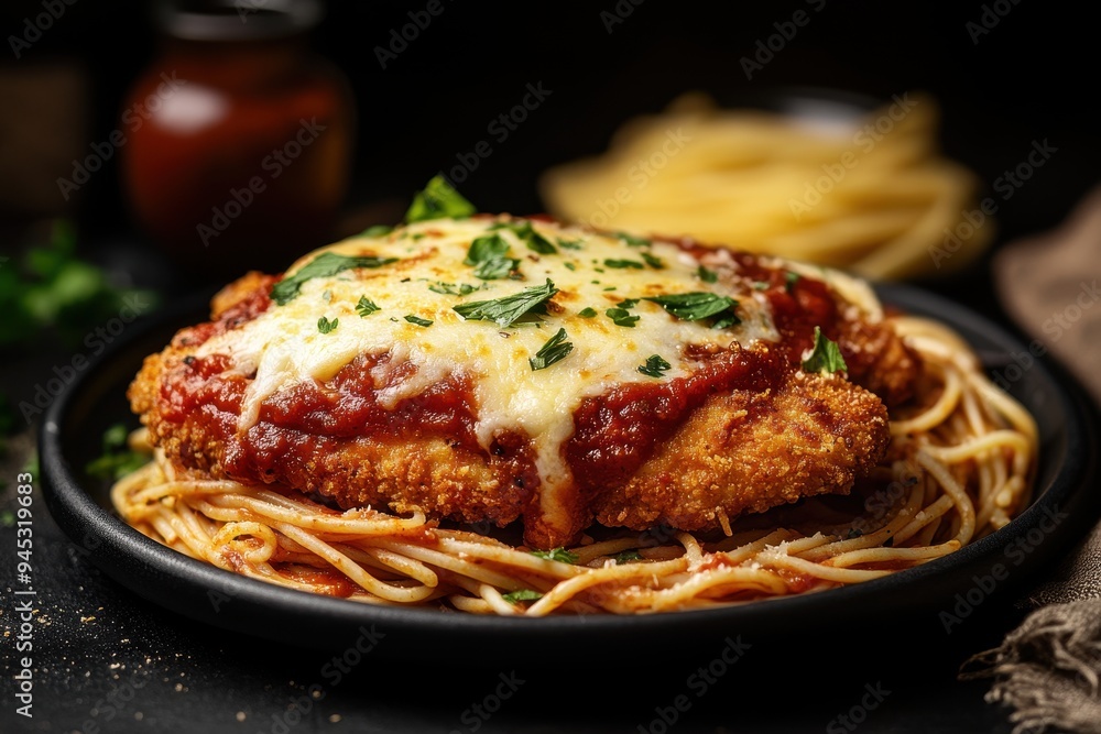 A plate of chicken parmesan served over spaghetti with cheese and herbs. A plate of chicken parmesan served over spaghetti with cheese and herbs.