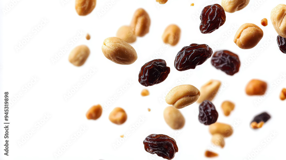 Raisins, dried fruits, and peanuts floating in the air on a white background Nut trail mix concept Raisins, dried fruits, and peanuts floating in the air on a white background Nut trail mix concept