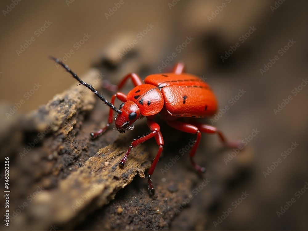Fototapeta premium Macro shot of a vibrant Fire-colored Beetle on wood