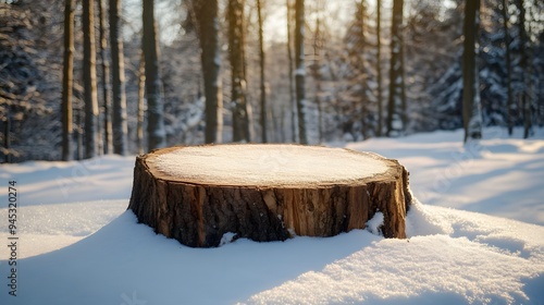 Wallpaper Mural A round wooden podium on snow with a winter forest background for product presentation, a mockup scene, Torontodigital.ca