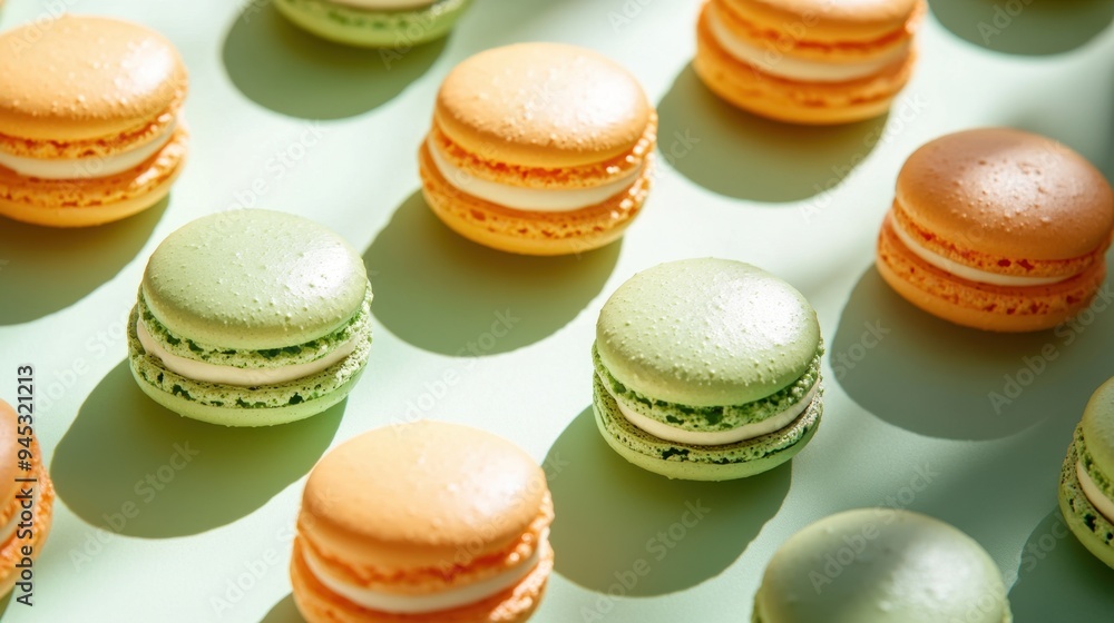 Matcha Green tea and orange macaroons on green background, colorful French cookies pattern,french macaroons,Paris Pastry macaron green tea,matcha,bakery and branding concept,copy space,copy space. Matcha Green tea and orange macaroons on green background, colorful French cookies pattern,french macaroons,Paris Pastry macaron green tea,matcha,bakery and branding concept,copy space,copy space.