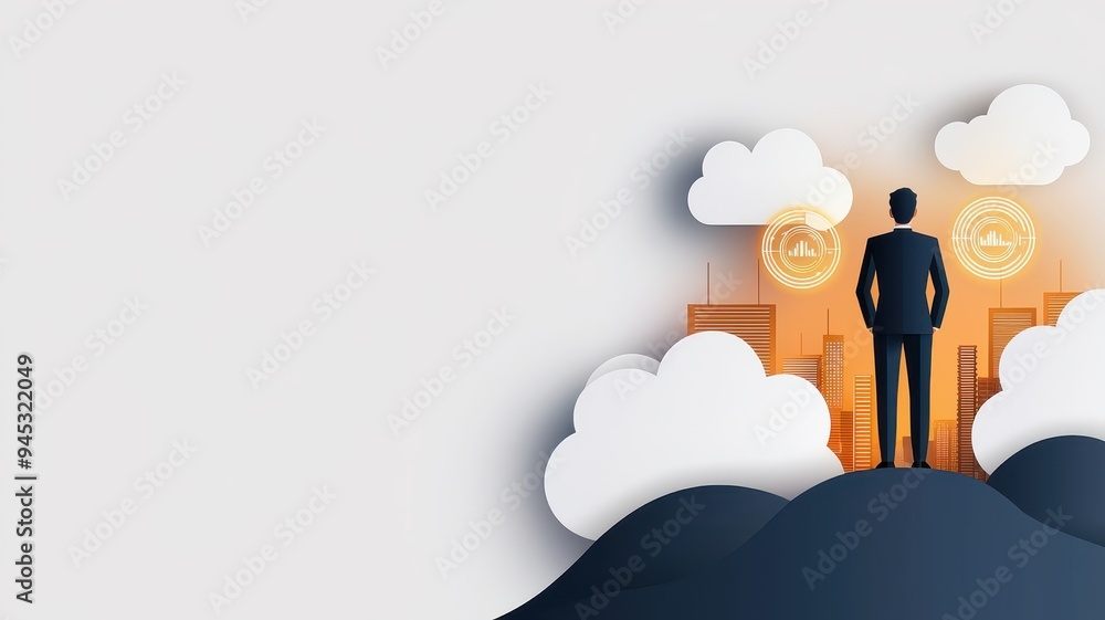 A confident businessman stands atop a mountain overlooking a city, symbolizing success and ambition amidst clouds and growth. A confident businessman stands atop a mountain overlooking a city, symbolizing success and ambition amidst clouds and growth.