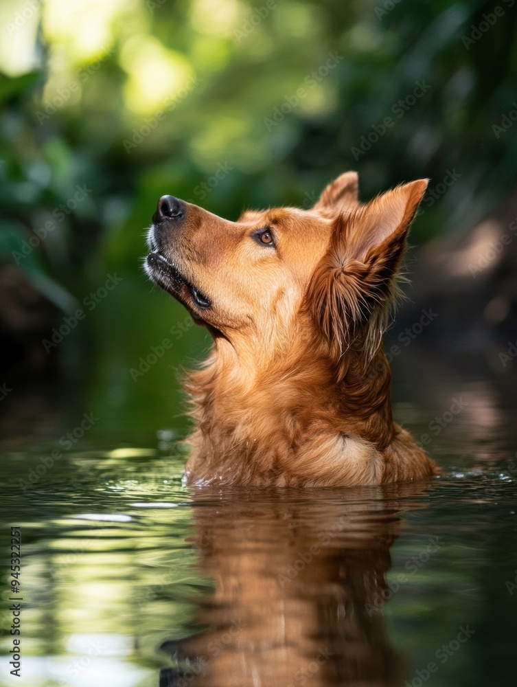 Dog barking at its reflection in a pond during a socialization walk, set in a serene outdoor environment with natural elements. Dog barking at its reflection in a pond during a socialization walk, set in a serene outdoor environment with natural elements.