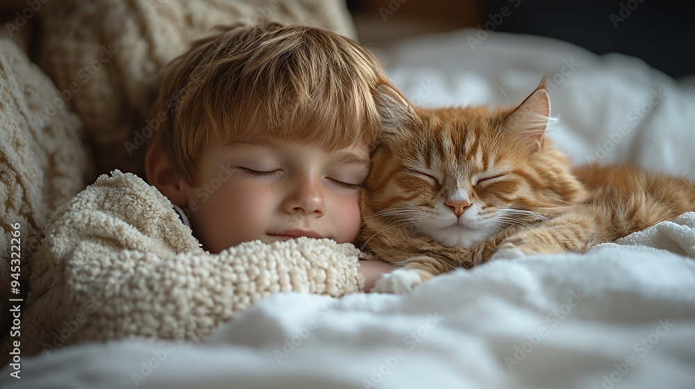 A peaceful moment of a child sleeping beside a cat on a cozy blanket. A peaceful moment of a child sleeping beside a cat on a cozy blanket.