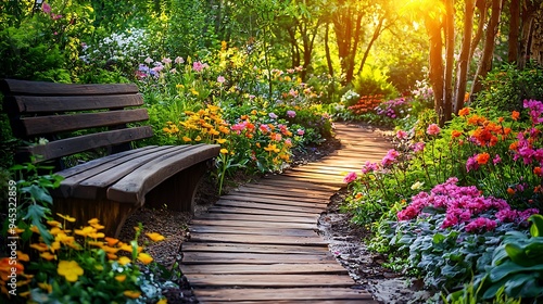 A wooden path winds through a sunlit flower garden, leading to a peaceful bench.