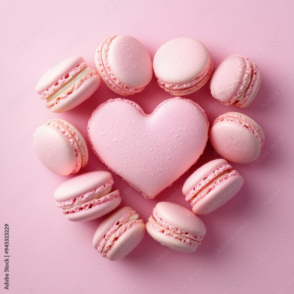 Obraz premium French sweet Pink heart macaroons isolated on pink background. Pastry shop card with copy spacefrench macaroons,Paris Pastry,bakery and branding valentine couple concept,copy space.