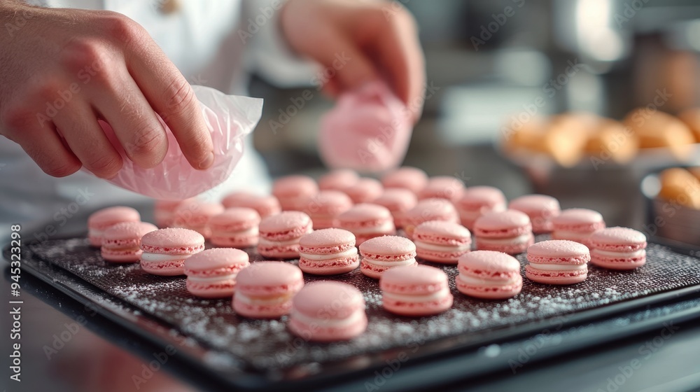 Chef hand pipe macaroon butter onto parchment paper in shape of circles,Making pink macarons,Piping out pink macaron mixture on a slip mat on backing tray,Paris Pastry,bakery and branding concept. Chef hand pipe macaroon butter onto parchment paper in shape of circles,Making pink macarons,Piping out pink macaron mixture on a slip mat on backing tray,Paris Pastry,bakery and branding concept.