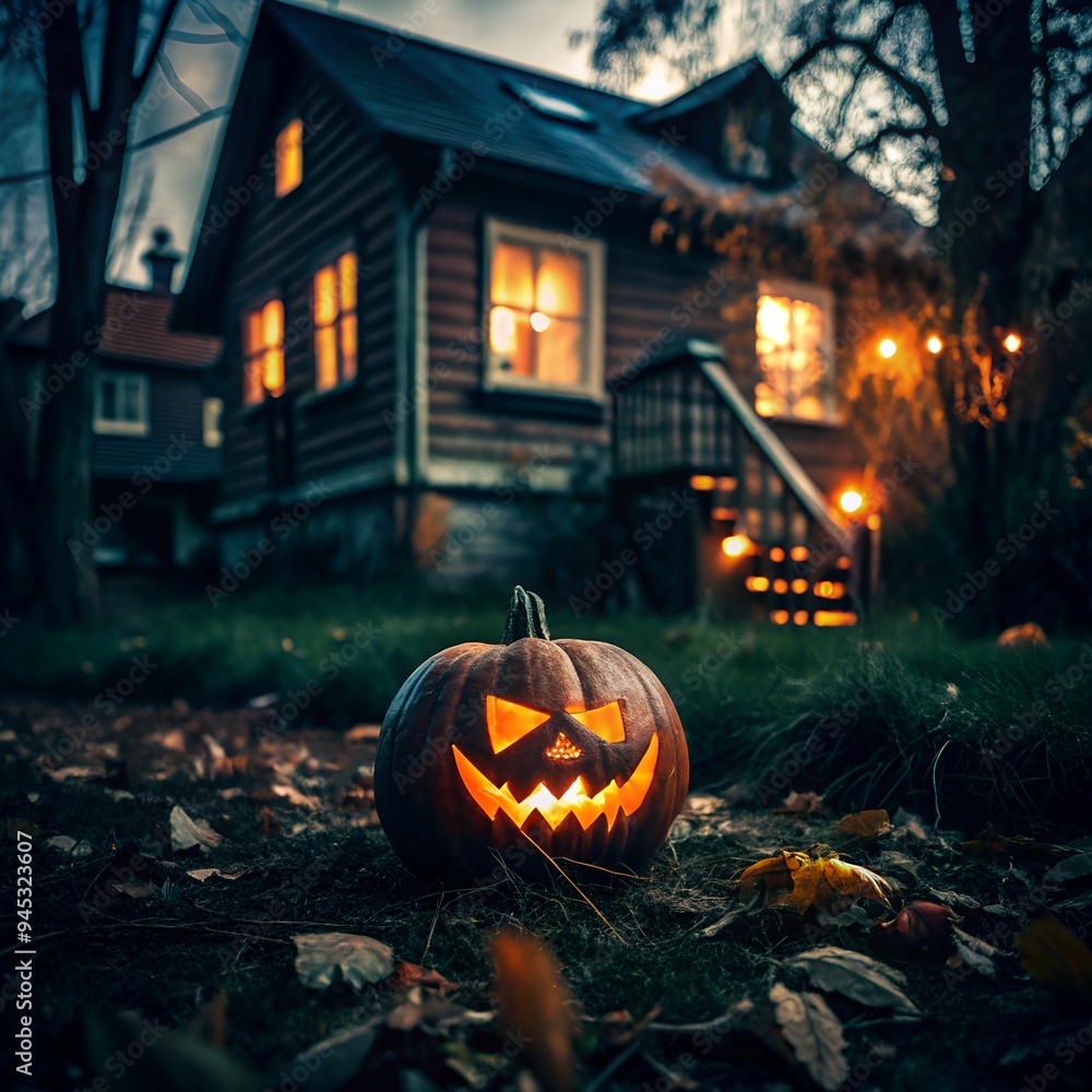 Obraz premium Halloween decoration, pumpkin in the yard, spooky season