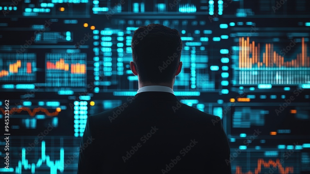 A professional examining data on digital screens, showcasing analytics and graphs in a high-tech environment. Perfect for business themes. A professional examining data on digital screens, showcasing analytics and graphs in a high-tech environment. Perfect for business themes.