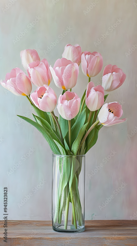 A bouquet of pink tulips sits in a tall, cylindrical glass vase on a wooden table against a light gray wall. A bouquet of pink tulips sits in a tall, cylindrical glass vase on a wooden table against a light gray wall.