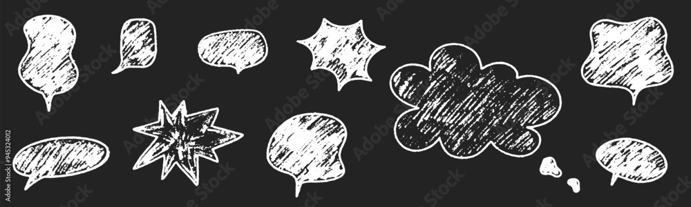Crayon speech bubble set. Round, cloud and star frame for text. Chalk texture dialog balloon. Crayon bubble for talk and comic design. Vector illustration