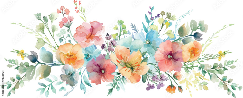 Obraz premium Pastel colors flowers in the light watercolor background, card with wild herbs