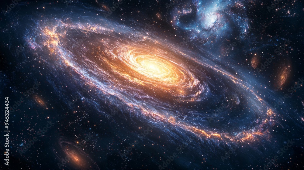Deep space scene with bright, swirling galaxies Deep space scene with bright, swirling galaxies
