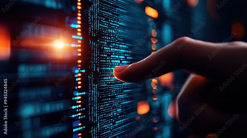 A finger touches glowing data on a digital screen, symbolizing technology and innovation in a futuristic environment. A finger touches glowing data on a digital screen, symbolizing technology and innovation in a futuristic environment.