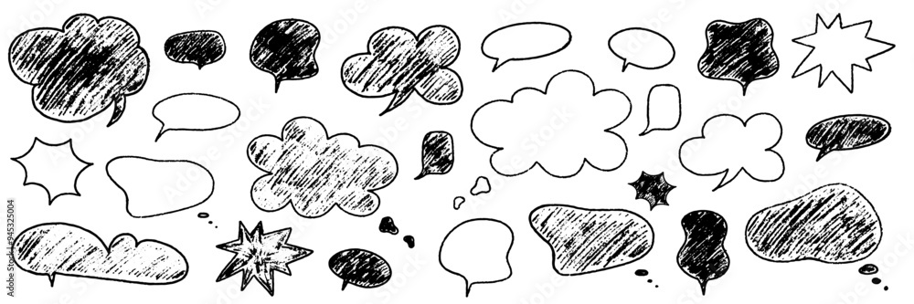 Crayon speech bubble set. Round, cloud and star frame for text. Chalk texture dialog balloon. Crayon bubble for talk and comic design. Vector illustration Crayon speech bubble set. Round, cloud and star frame for text. Chalk texture dialog balloon. Crayon bubble for talk and comic design. Vector illustration