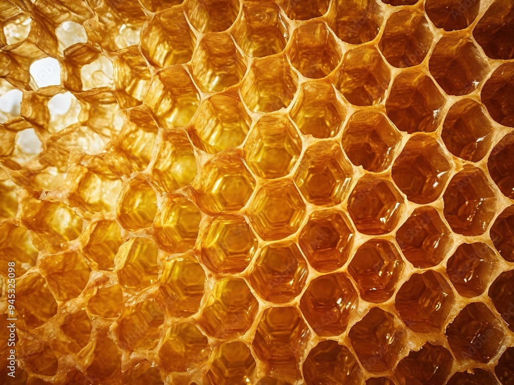 Close-up of a honeycomb with golden honey inside. Close-up of a honeycomb with golden honey inside.