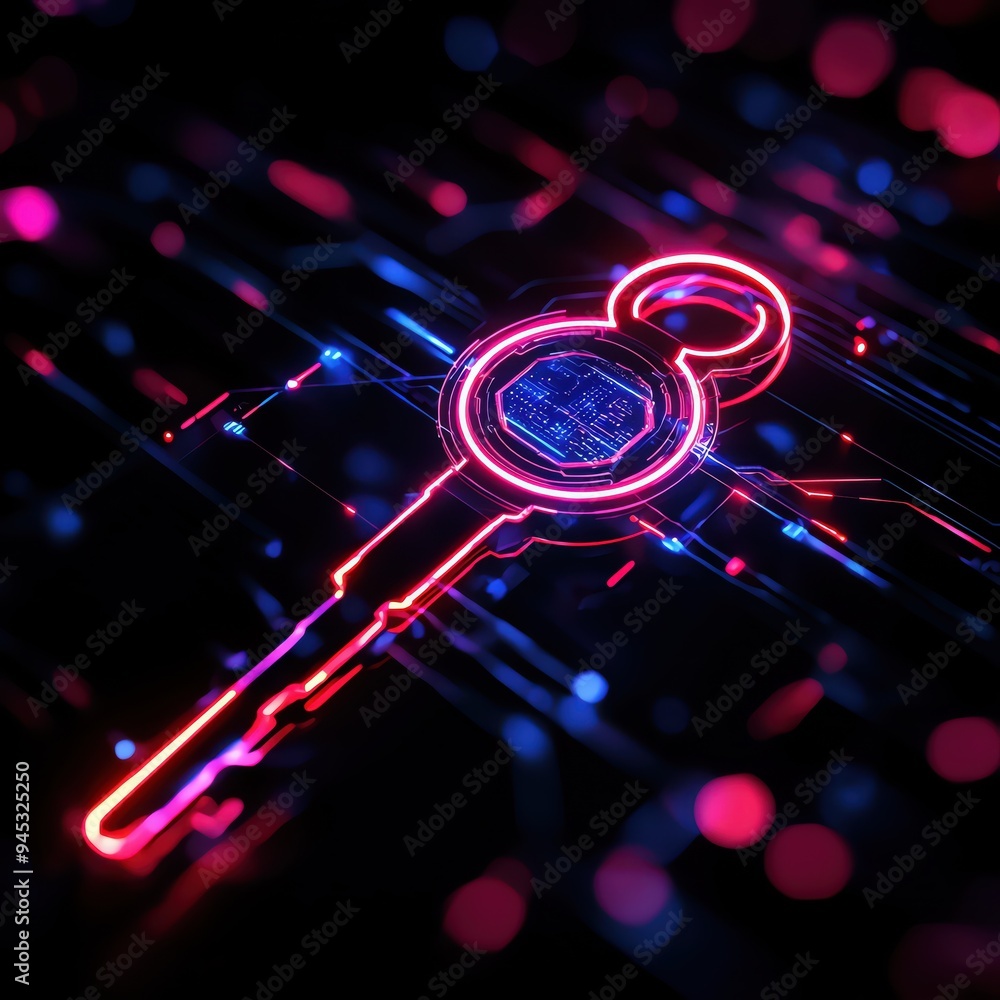 A vibrant, neon key design illuminating a dark, technological background, symbolizing security and digital access. A vibrant, neon key design illuminating a dark, technological background, symbolizing security and digital access.