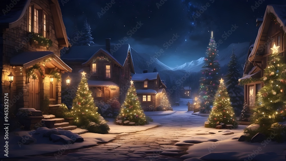 A scene with Christmas trees glowing at night A scene with Christmas trees glowing at night