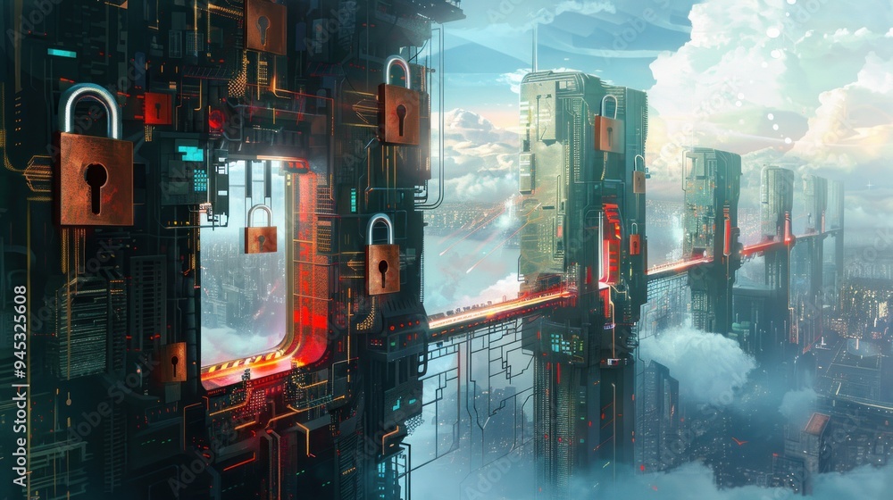 Fototapeta premium Futuristic Cityscape with Locked Towers.
