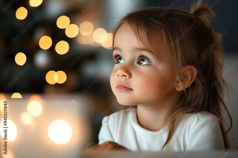 A young girl with wide eyes and light brown hair looks upward in wonder, sitting near Christmas decorations. Her innocent expression captures the magic of the season.