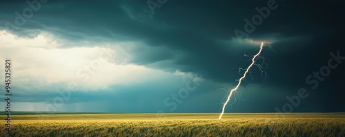 Lightning striking an open field, intense energy captured mid-strike, raw and powerful photo