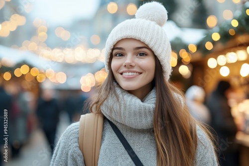 A smiling young woman, dressed in a cozy gray sweater, white knit hat, and scarf, enjoys the festive outdoor atmosphere with twinkling lights in the background. photo