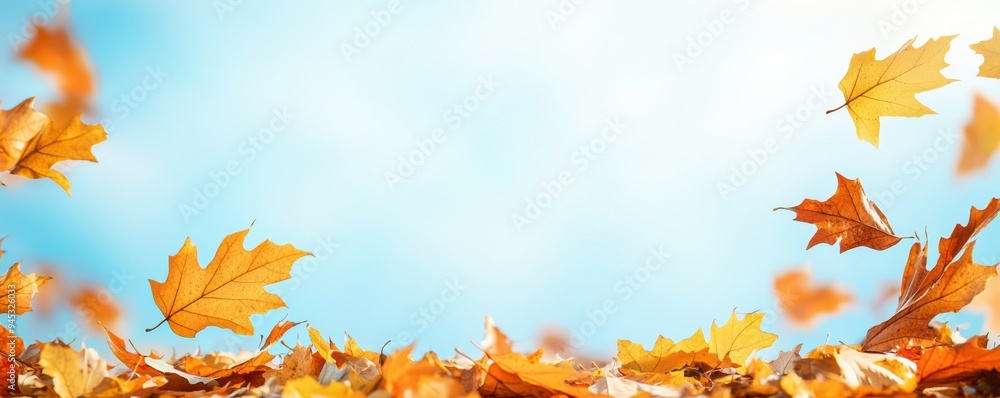 Crisp autumn day with vibrant leaves falling, clear blue sky above Crisp autumn day with vibrant leaves falling, clear blue sky above