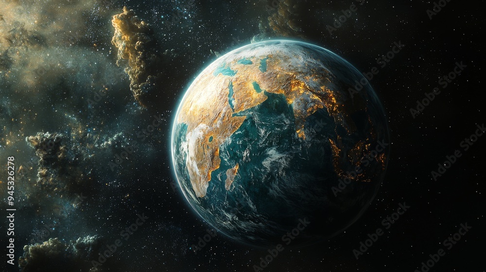 Naklejka premium Earth-Like Planet: Close-up of an Earth-like planet with continents, oceans, and visible weather systems