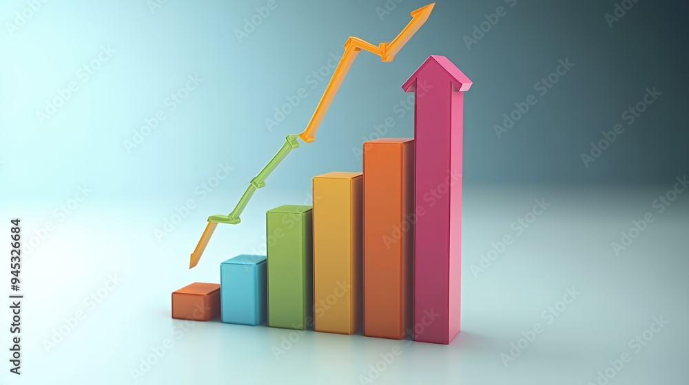 A colorful bar graph illustrating growth trends with an upward arrow. A colorful bar graph illustrating growth trends with an upward arrow.