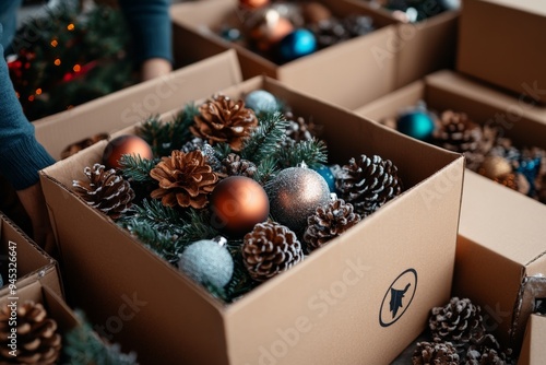 A cardboard box filled with festive Christmas decorations, including pinecones, ornaments, and greenery, ready for holiday season decor and celebrations. photo