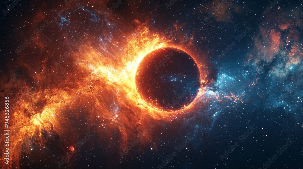 Eclipse in a Galaxy : Detailed view of an eclipse happening within a galaxy, with one celestial body blocking light from another Eclipse in a Galaxy : Detailed view of an eclipse happening within a galaxy, with one celestial body blocking light from another