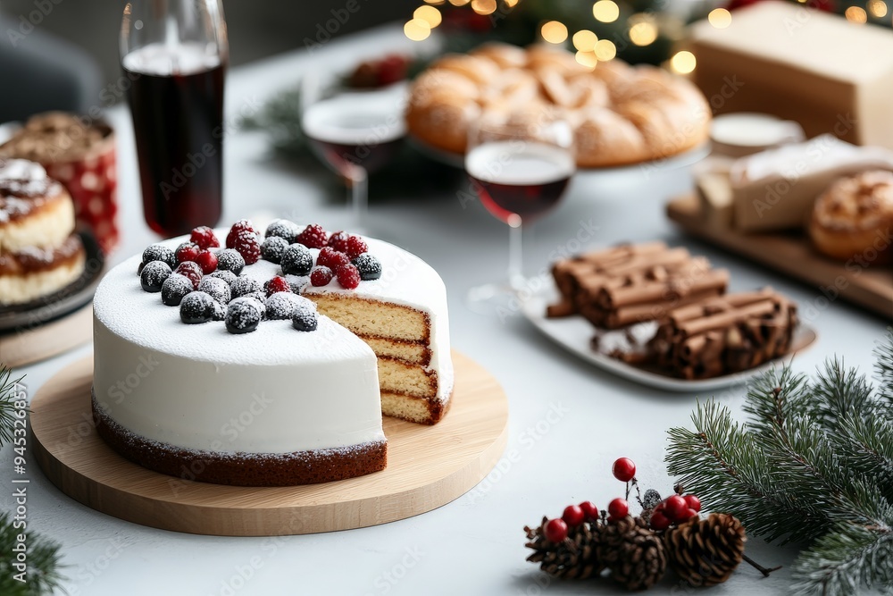 A festive holiday table set with a beautifully decorated cake topped with berries, along with other holiday treats and decorations adding to the celebratory ambiance. A festive holiday table set with a beautifully decorated cake topped with berries, along with other holiday treats and decorations adding to the celebratory ambiance.