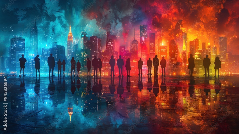 A group of people stand in silhouette before a city lit up at night, a reflection of the lights. A group of people stand in silhouette before a city lit up at night, a reflection of the lights.