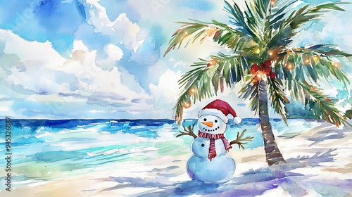 A watercolor painting of a Caribbean Christmas scene featuring a snowman under a lit palm tree. The tropical beach New Year postcard is rendered in a cartoon style