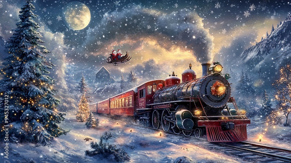 Christmas polar train in a decorated city and Santa Claus flying through the sky Christmas polar train in a decorated city and Santa Claus flying through the sky