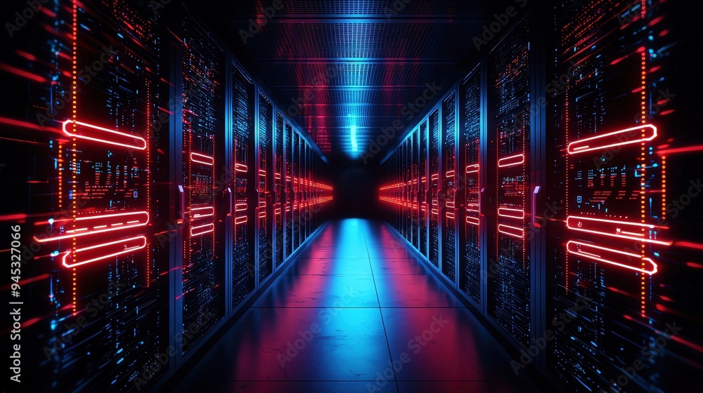 Fototapeta premium Futuristic data center corridor illuminated by vibrant red and blue lights, showcasing advanced technology and modern architecture.