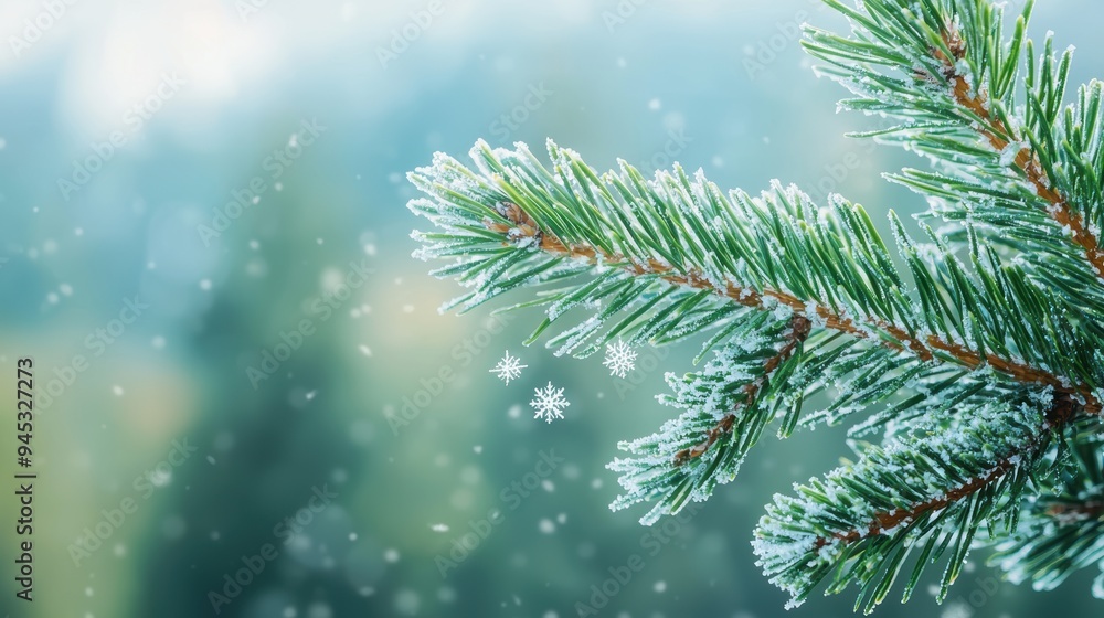 Snowflakes landing on a pine tree branch, selective focus, winter cold, vibrant, fusion, mountain forest backdrop Snowflakes landing on a pine tree branch, selective focus, winter cold, vibrant, fusion, mountain forest backdrop