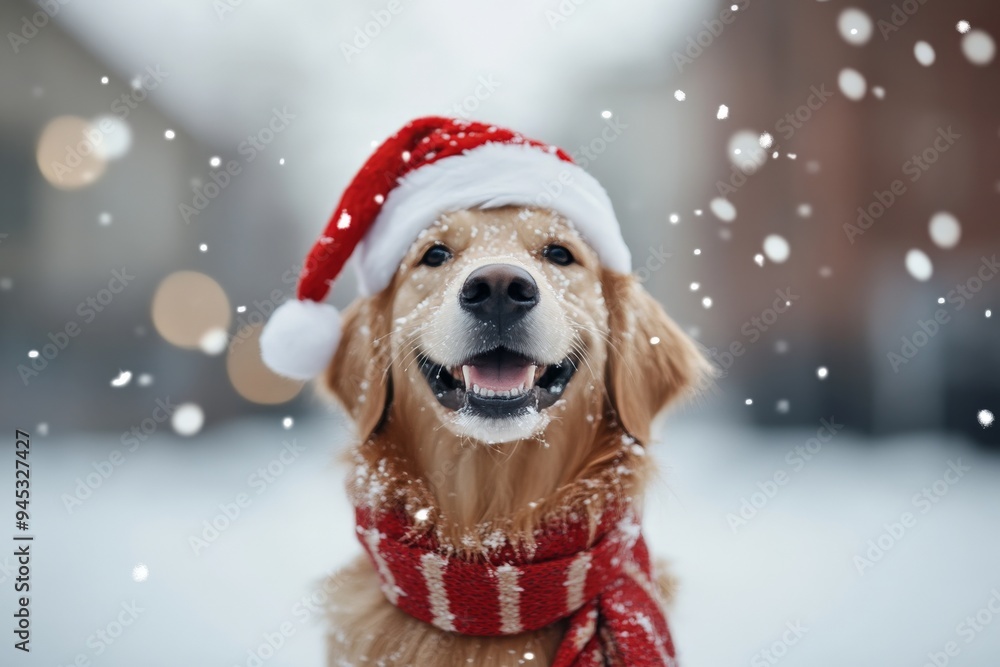 A festive dog wears a Santa hat and red scarf, standing outdoors amidst a snowy backdrop, capturing the holiday spirit in a picturesque winter setting. A festive dog wears a Santa hat and red scarf, standing outdoors amidst a snowy backdrop, capturing the holiday spirit in a picturesque winter setting.