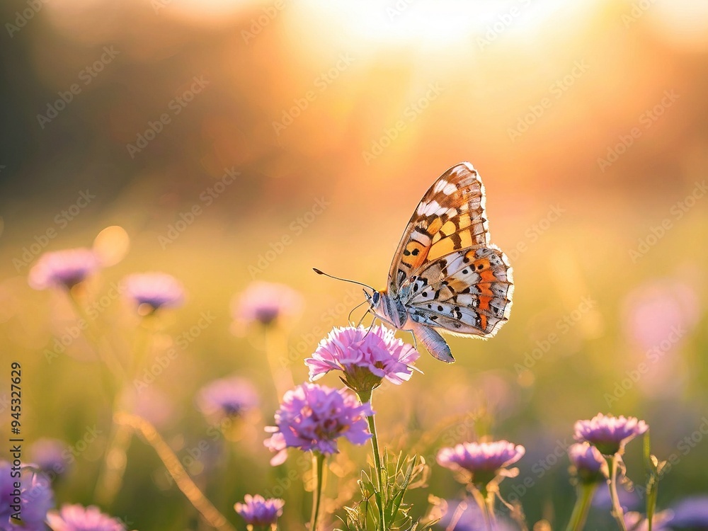 A butterfly with orange and white wings sits on a pink flower in a field at sunset. A butterfly with orange and white wings sits on a pink flower in a field at sunset.