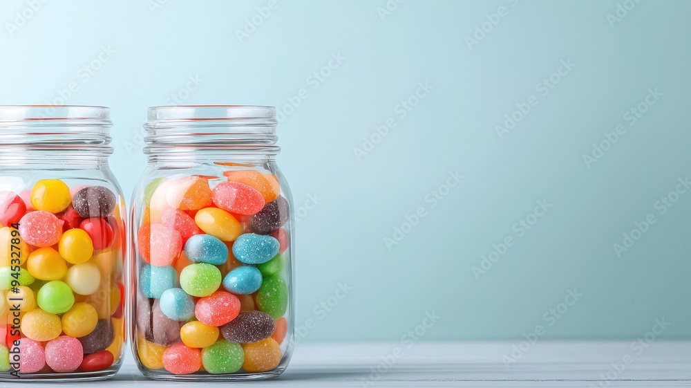 Colorful candies in glass jars on a wooden table, creating a vibrant and cheerful aesthetic for sweet-themed designs. Colorful candies in glass jars on a wooden table, creating a vibrant and cheerful aesthetic for sweet-themed designs.