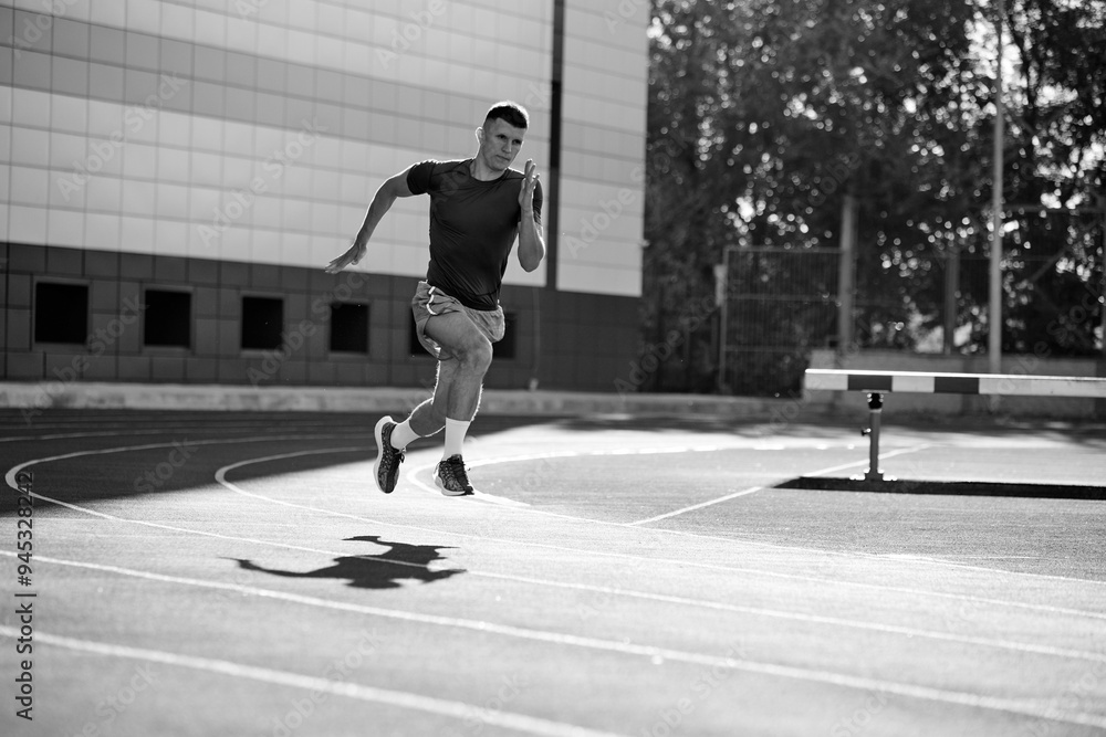 Black and white photo. Focused runner sprints around track, his determined expression matching peed of his stride. Concept of sport, tournament, motivation, workout, competition. Ad Black and white photo. Focused runner sprints around track, his determined expression matching peed of his stride. Concept of sport, tournament, motivation, workout, competition. Ad