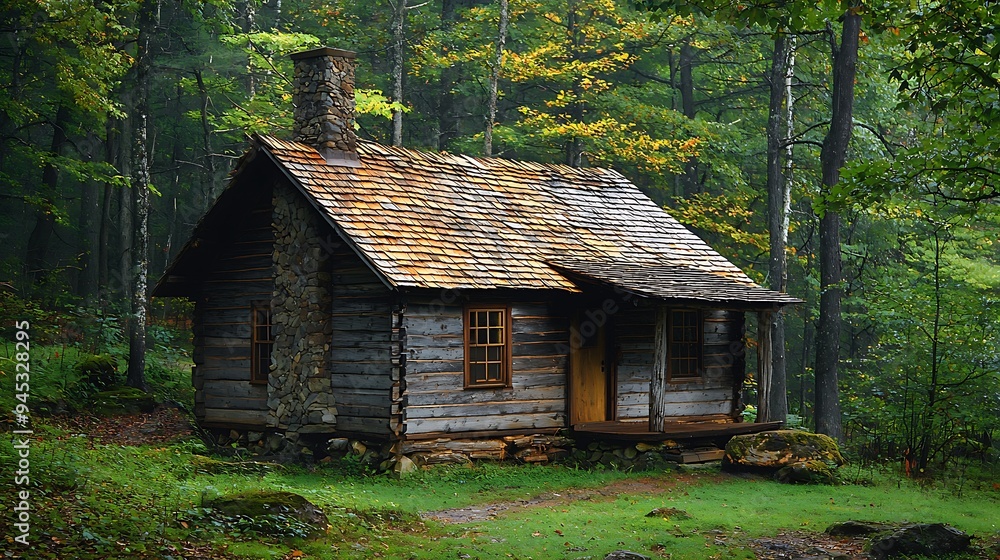 A rustic log cabin with a stone chimney and porch stands quietly in the woods. A rustic log cabin with a stone chimney and porch stands quietly in the woods.
