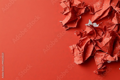 A chaotic yet artistic scene of crumpled red wrapping paper scattered across an orange background, symbolizing post-celebration moments and holiday excitement. photo