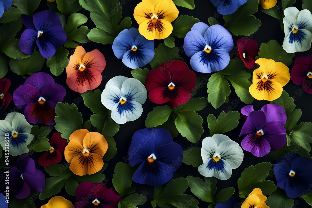 Vibrant Array of Pansy Flowers in a Seamless Pattern with Rich Colors and Lush Green Leaves Vibrant Array of Pansy Flowers in a Seamless Pattern with Rich Colors and Lush Green Leaves
