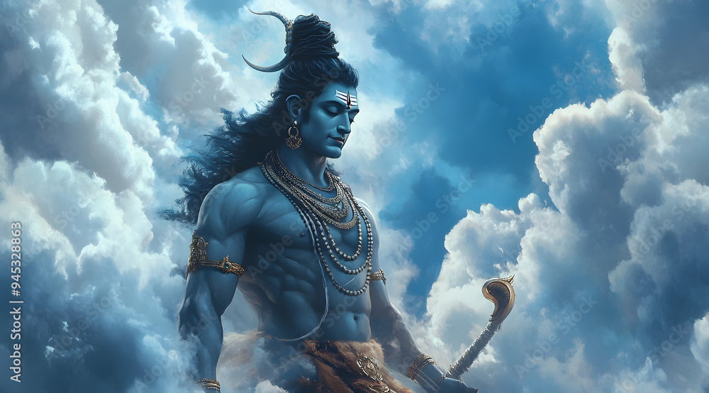 Shiva in the Clouds with a Golden Light Behind Him, His Trident Raised
Shiva in the Clouds with a Golden Light Behind Him, His Trident Raised